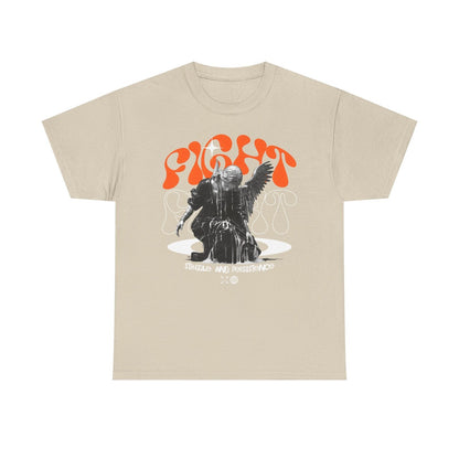 Angelic Men's T-Shirt Design: Grayscale Winged Figure with Bold "FIGHT" Graphics