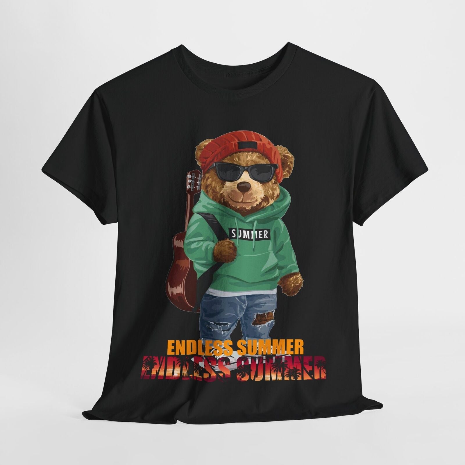 Endless Summer Teddy Bear Men's T-Shirt - Cool Bear in Hoodie with Guitar Design