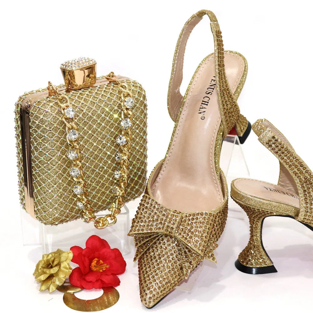 Stylish high heel purple sandals and bag set, a perfect accessory combination for women attending parties or weddings.