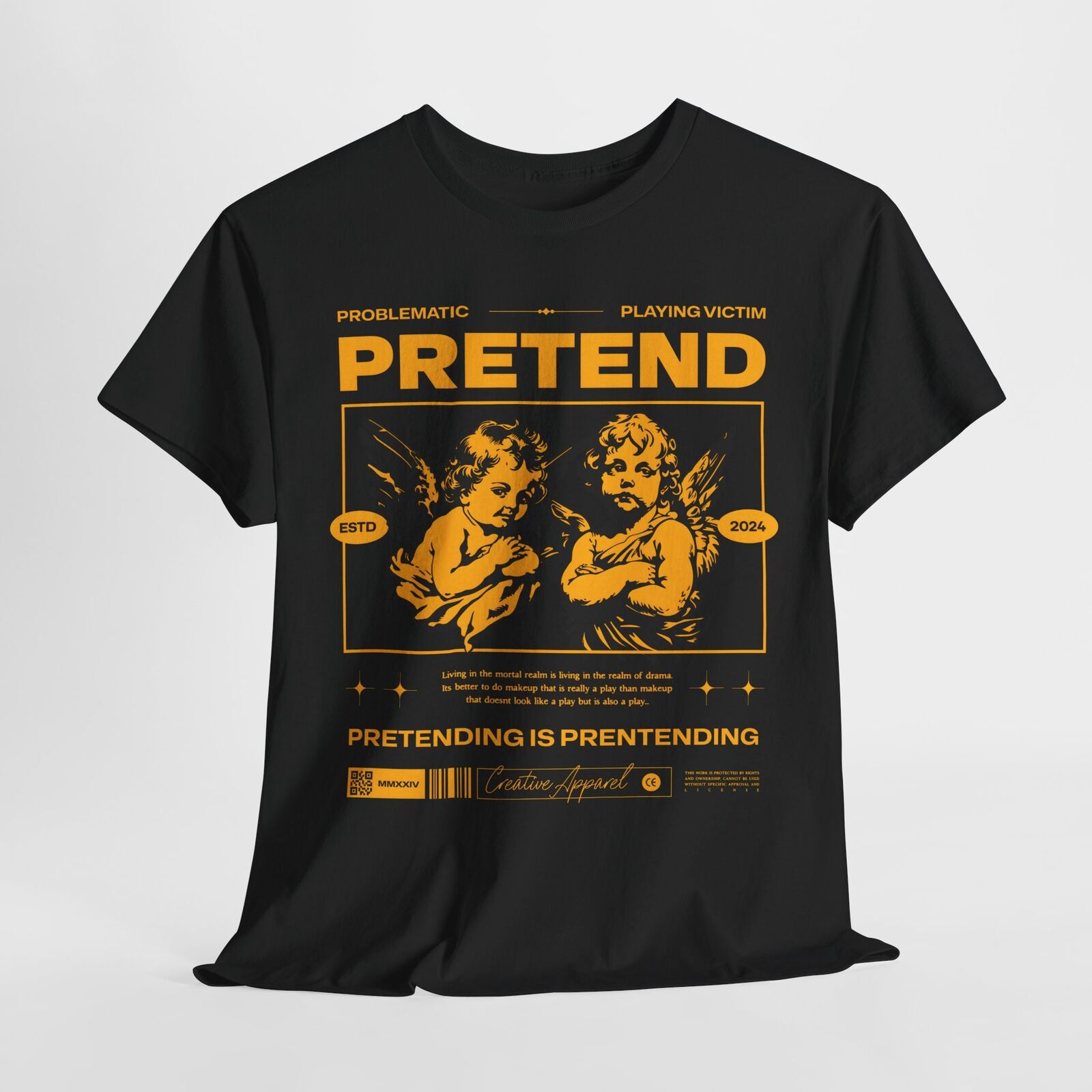 Retro Cherubic Men's T-Shirt - Bold "PRETEND" Graphic Design with Drama Quote