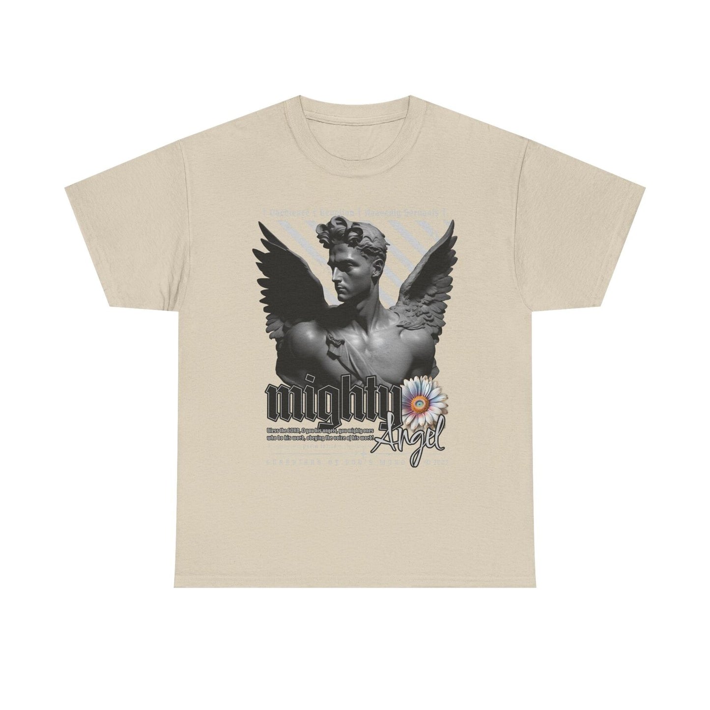 Mighty Angel Men's T-Shirt Grayscale Graphic Design with Inspirational Verse Art