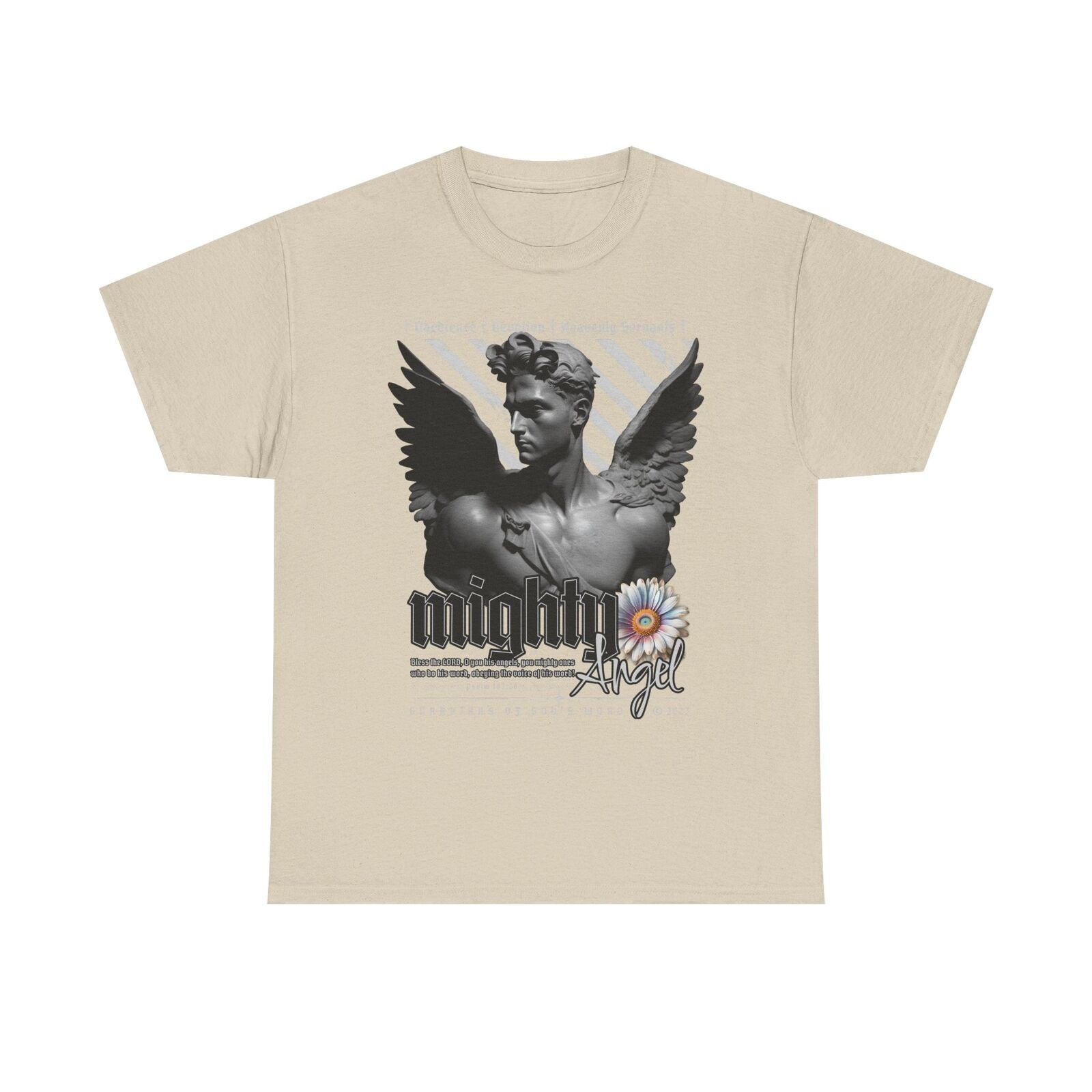 Mighty Angel Men's T-Shirt Grayscale Graphic Design with Inspirational Verse Art
