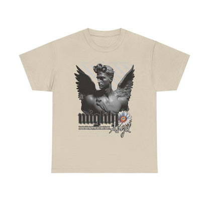 Mighty Angel Men's T-Shirt Grayscale Graphic Design with Inspirational Verse Art