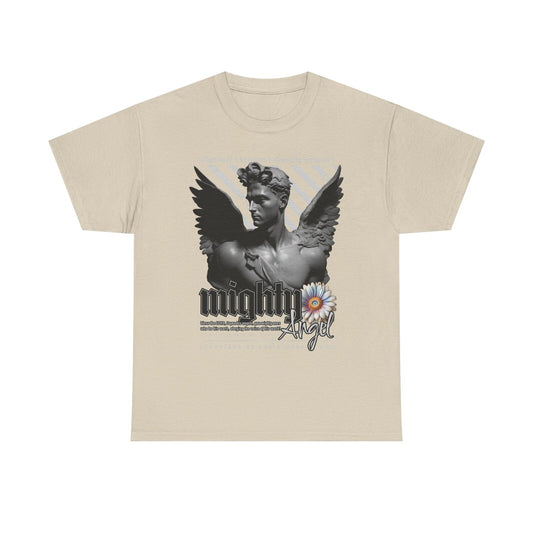 Mighty Angel Men's T-Shirt Grayscale Graphic Design with Inspirational Verse Art