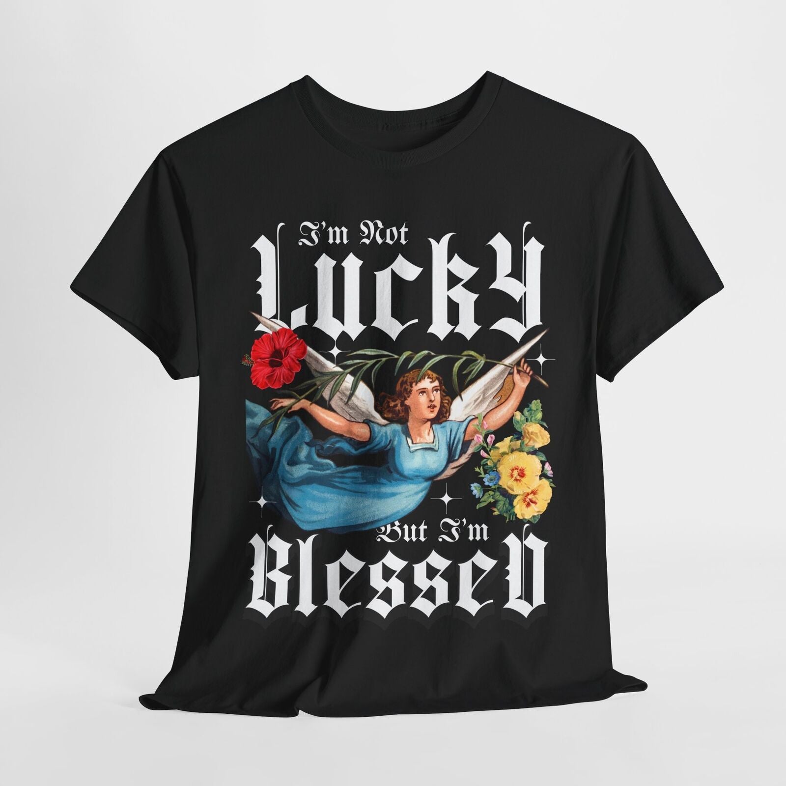 Vintage Mens T-Shirt "I'm Not Lucky But I'm Blessed" with Angel Design & Florals