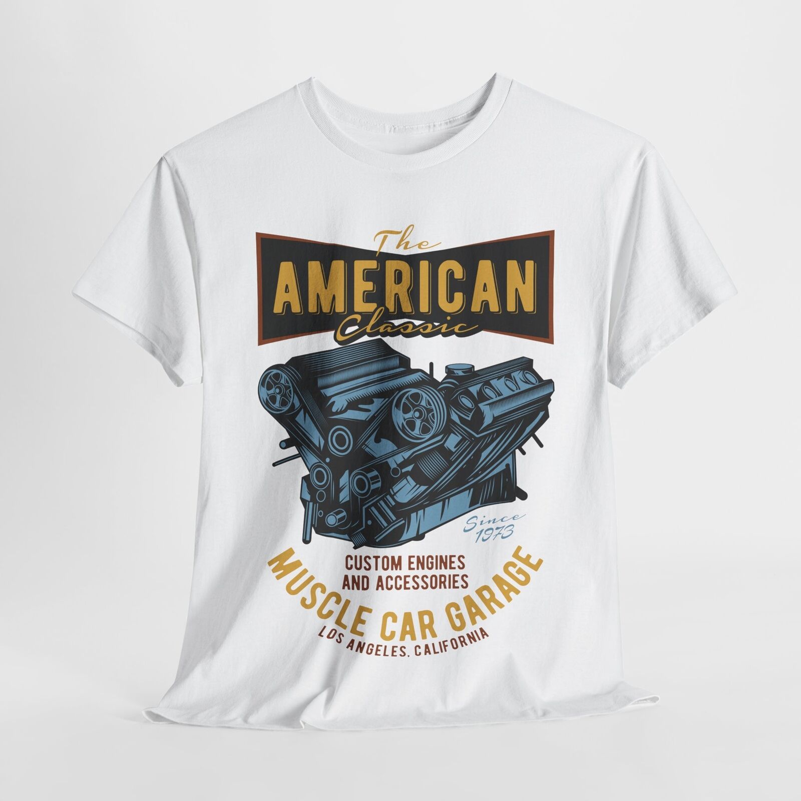 American Classic Muscle Car Garage Men's T-Shirt Custom Engines 1973 Design Tee