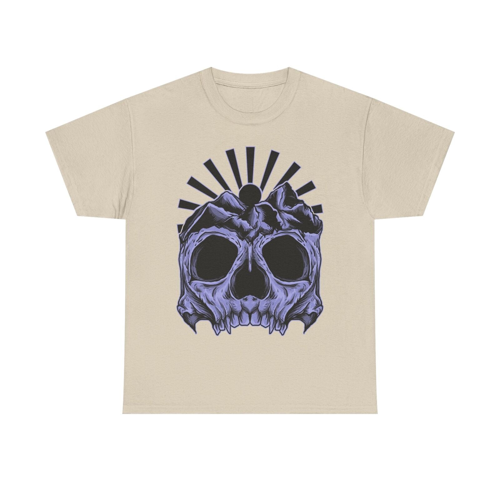 Men's Skull Graphic T-Shirt with Mountain Peaks and Sunburst Art for Bold Style