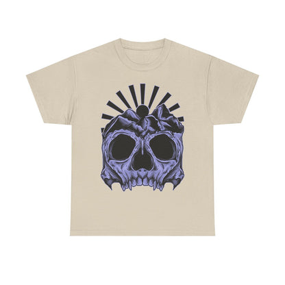 Men's Skull Graphic T-Shirt with Mountain Peaks and Sunburst Art for Bold Style
