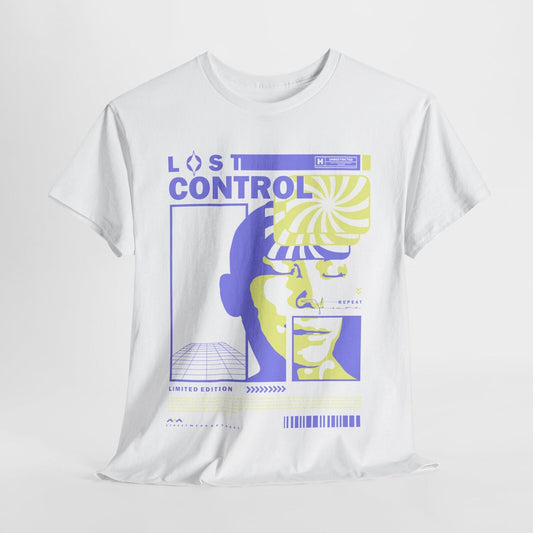Vibrant Graphic T-Shirt Design Featuring 'LOST CONTROL' with Surreal Elements