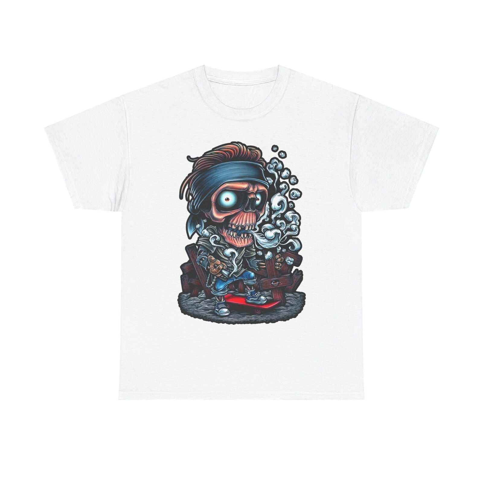 Cool Skeleton Skateboarder Men's T-Shirt, Graphic Skull Art, Smoky Vapor Design