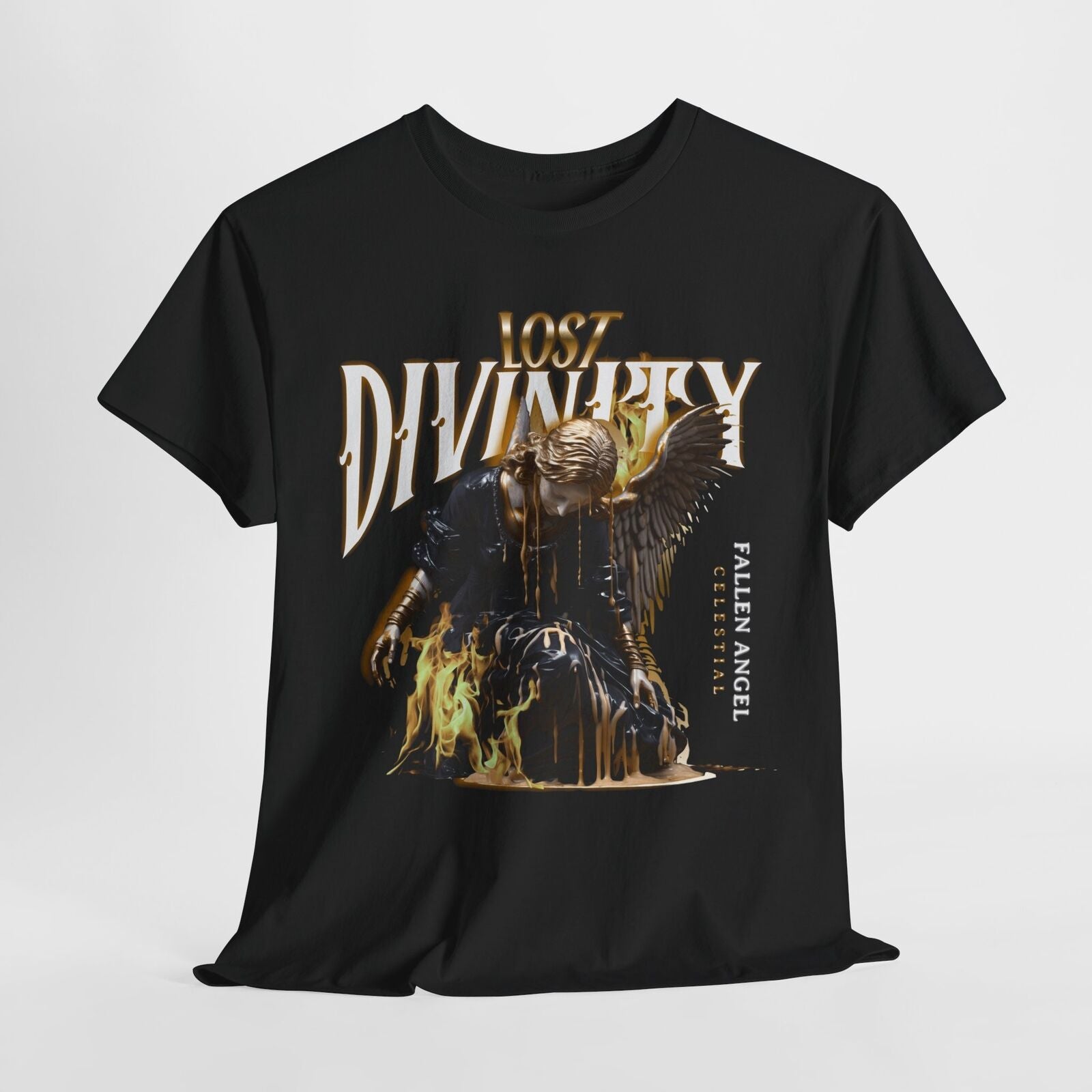 Stylized Men's T-Shirt: Lost Divinity Fallen Angel Design with Golden Accents