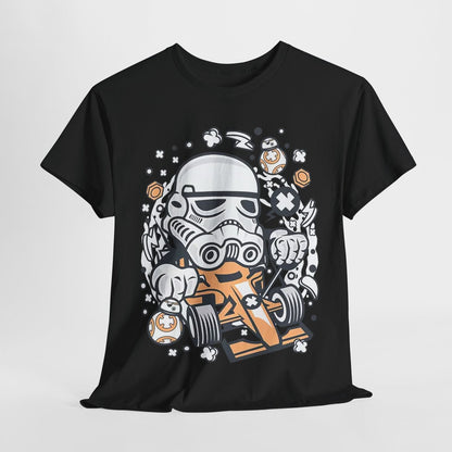 Epic Cartoon Stormtrooper Racing Car T-Shirt: Star Wars Fun and Style Unite!