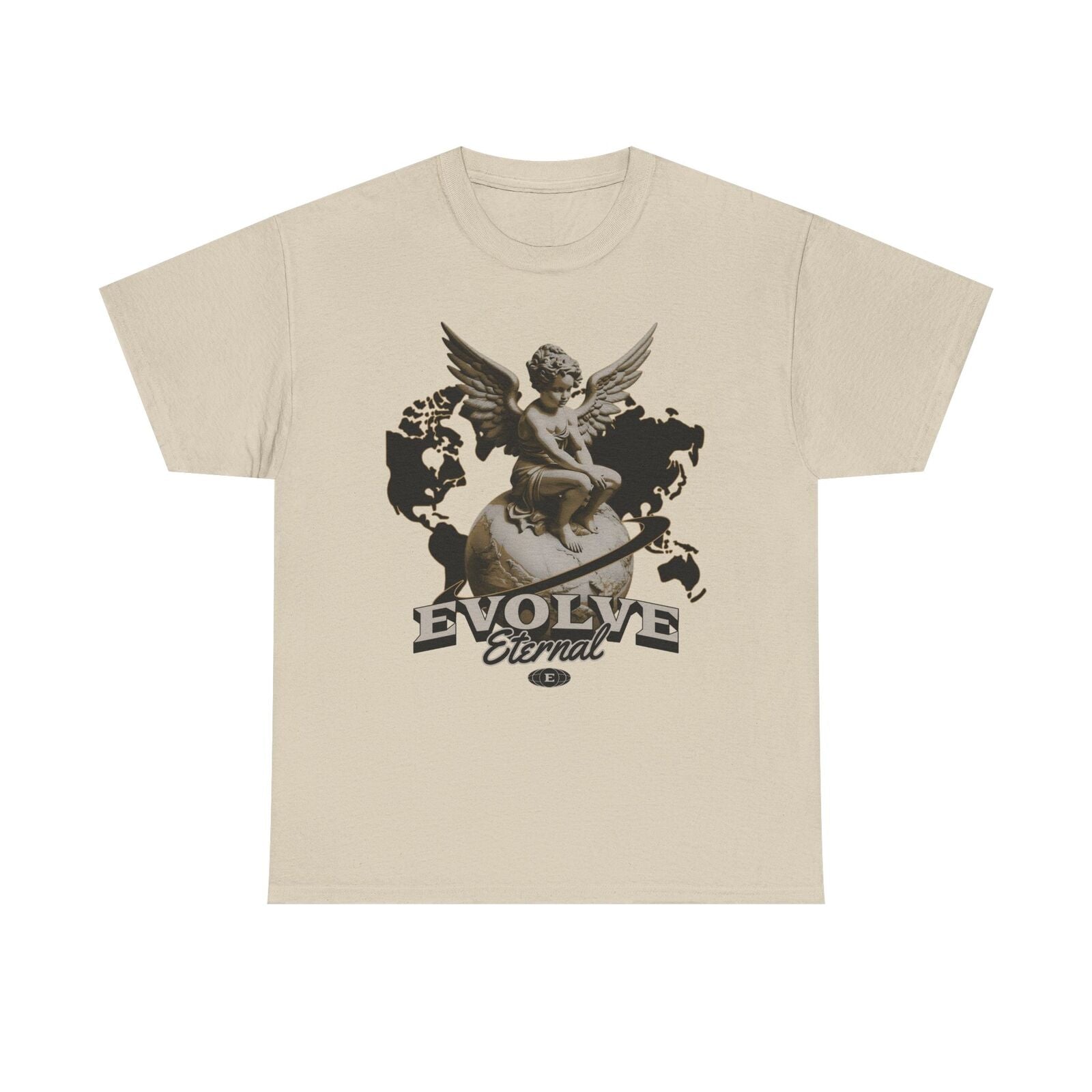 Stylish Men's T-Shirt with Evolve Eternal Logo Featuring Cherubic Angel & Globe