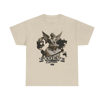 Stylish Men's T-Shirt with Evolve Eternal Logo Featuring Cherubic Angel & Globe