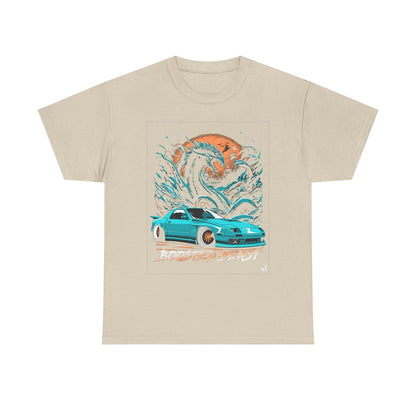 Boosted Beast Turbocharged T-Shirt: Vivid RX-7 Graphic with Ocean Waves Design!