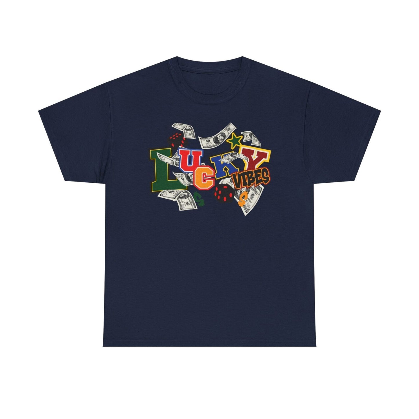 LUCKY VIBES T-Shirt: Bold Graphic Design with Colorful Dollar Bills & Dice Art