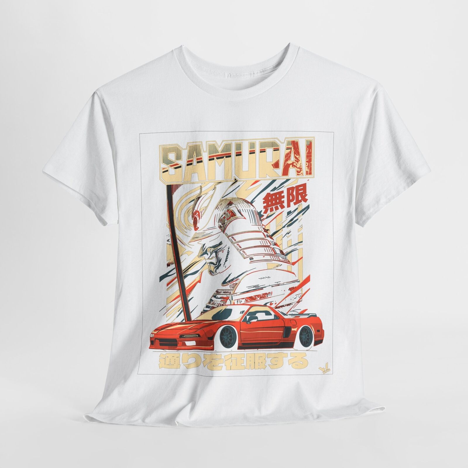 Epic Samurai Warrior Graphic T-Shirt with Nissan Skyline - Bold, Colorful Style!