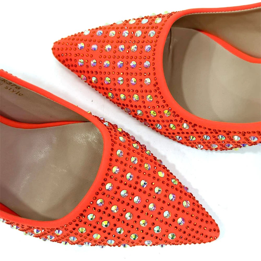 Complete luxury women's shoe and bag set in vibrant yellow, perfect for weddings and parties, featuring elegant rhinestone accents.