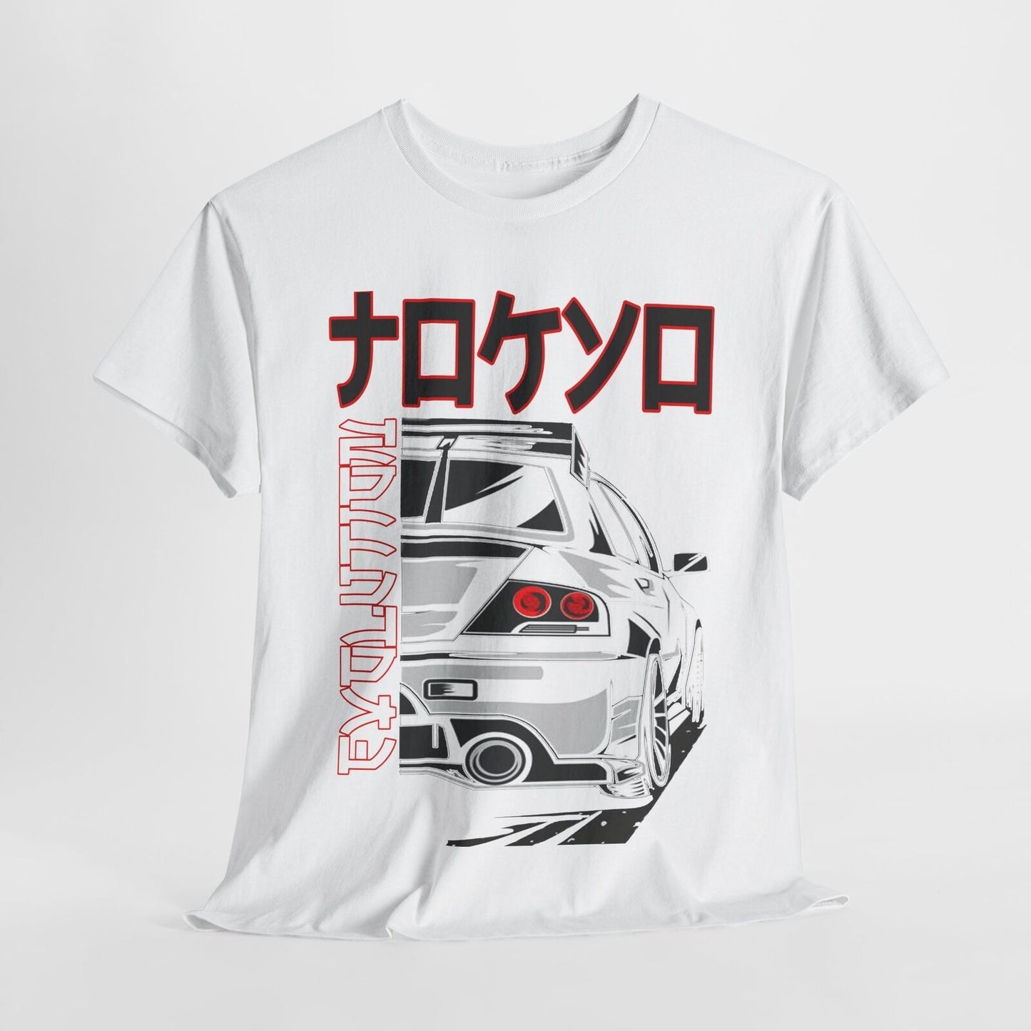 Dynamic Men's T-Shirt Featuring Grayscale Racing Car and Bold Japanese Kanji Art