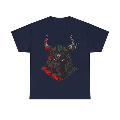 "Dark Warrior Men's T-Shirt: Intricate Helmet Design Bold Red and Gray Accents"