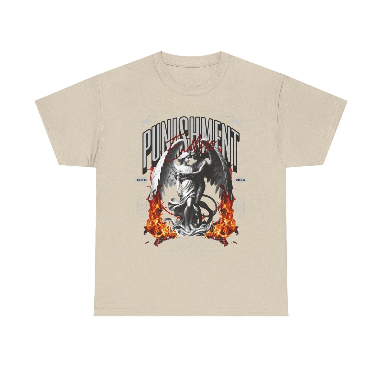Men's T-Shirt Featuring Fiery Angel and Demon Embrace, Grayscale Graphic Design