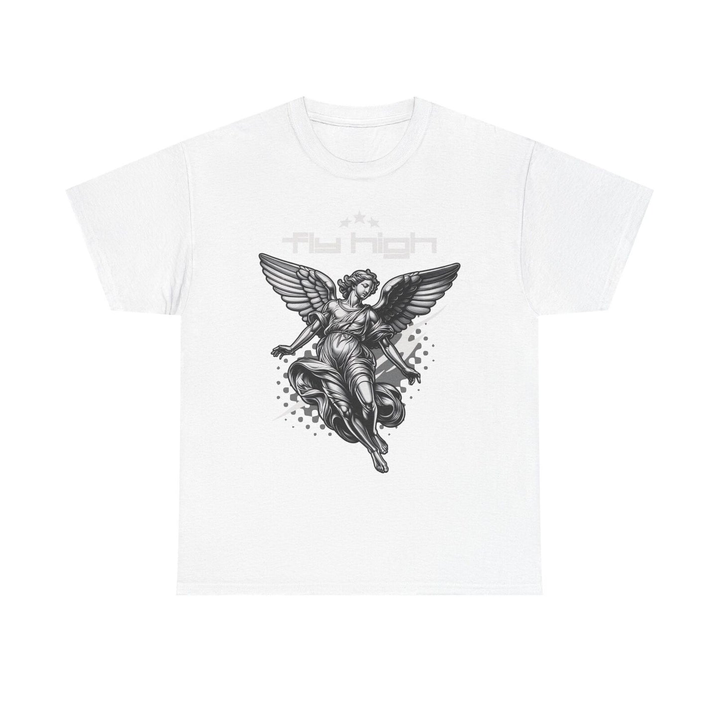 Dynamic Angel Men's T-Shirt with 'Fly High' Design | Stylish Black & White Art