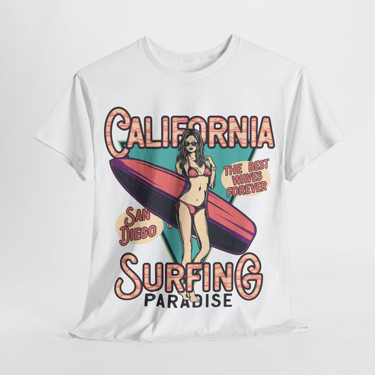Vintage Mens T-Shirt with California Surfing Graphic, Retro Bikini Surfer Design