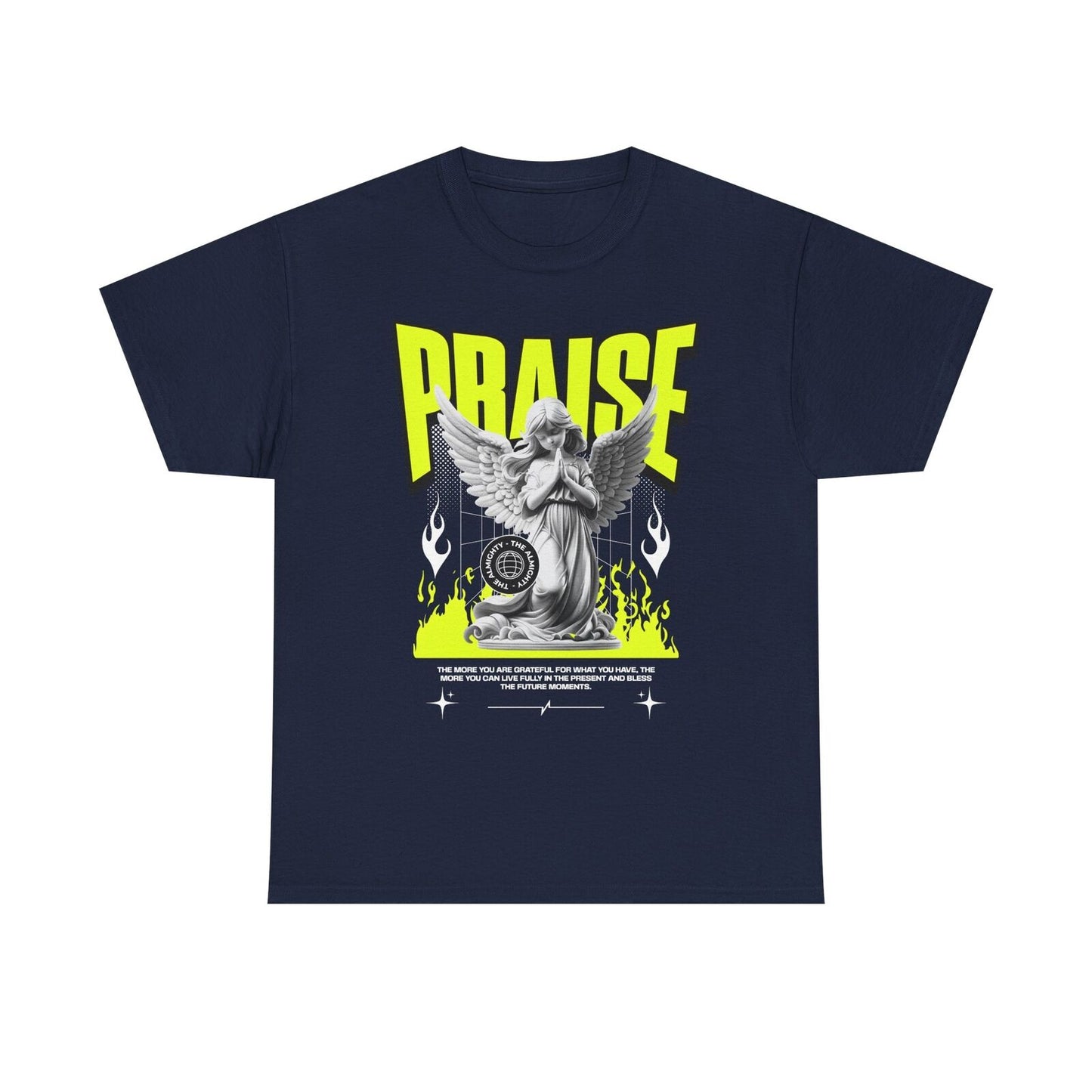 Bold Praise Graphic Men's T-Shirt with Angel Statue Design and Neon Flames Print