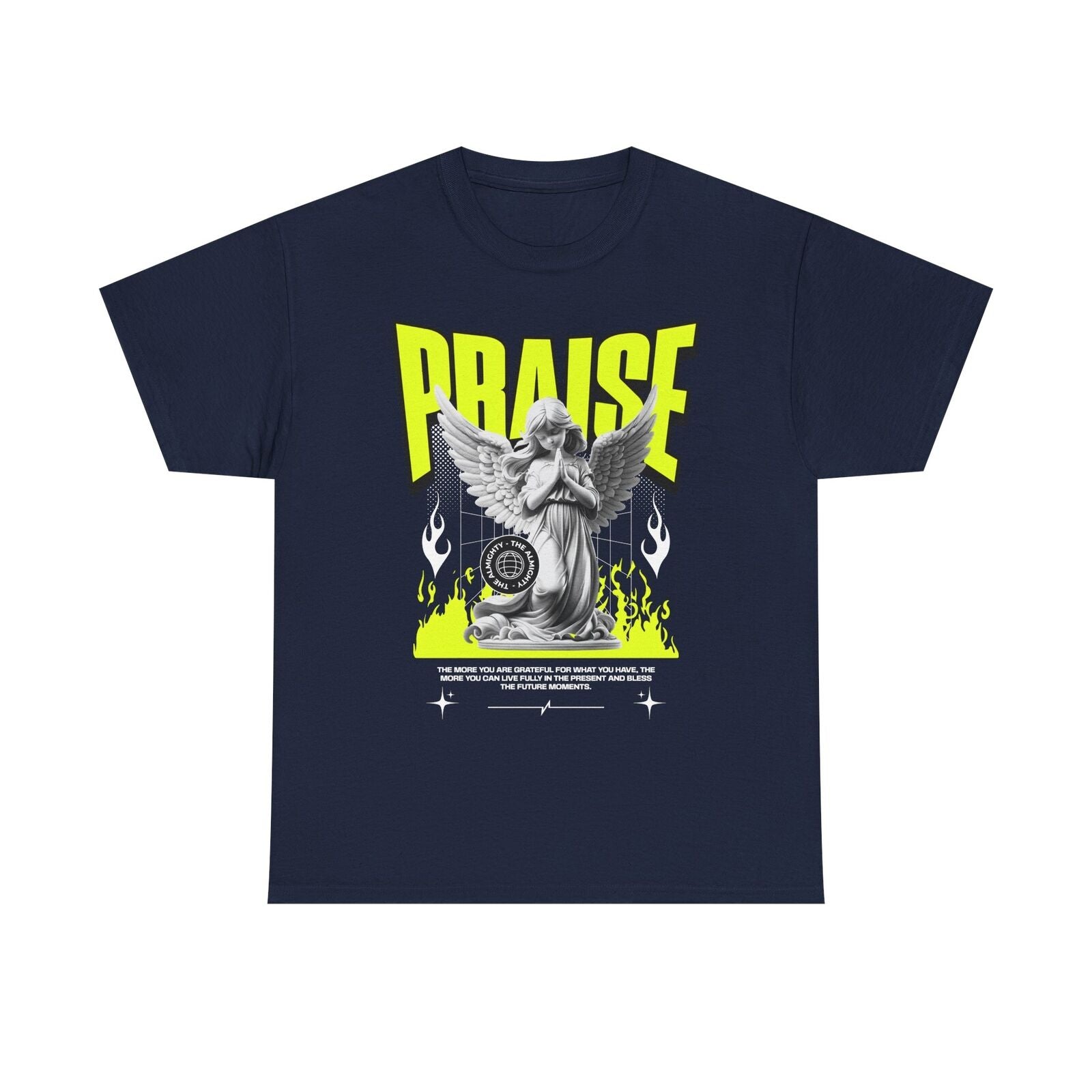 Bold Praise Graphic Men's T-Shirt with Angel Statue Design and Neon Flames Print