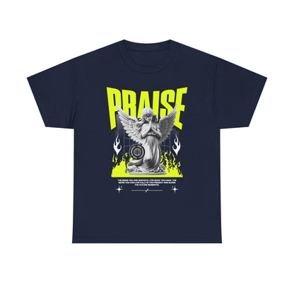 Bold Praise Graphic Men's T-Shirt with Angel Statue Design and Neon Flames Print