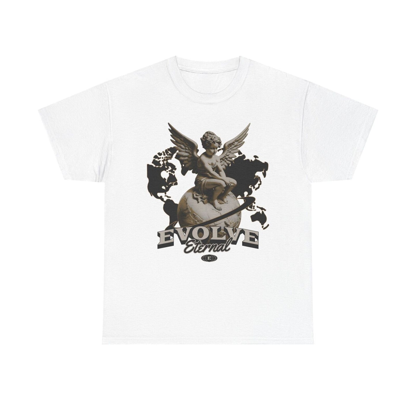 Stylish Men's T-Shirt with Evolve Eternal Logo Featuring Cherubic Angel & Globe