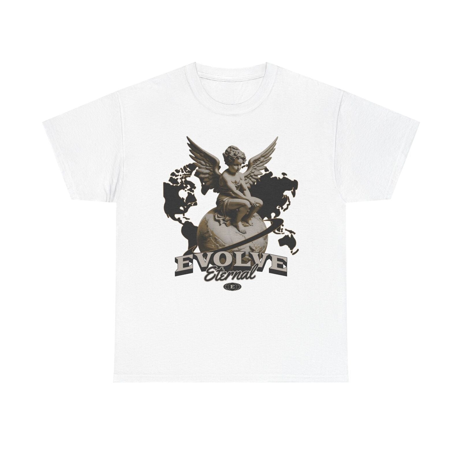 Stylish Men's T-Shirt with Evolve Eternal Logo Featuring Cherubic Angel & Globe