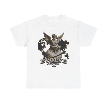 Stylish Men's T-Shirt with Evolve Eternal Logo Featuring Cherubic Angel & Globe