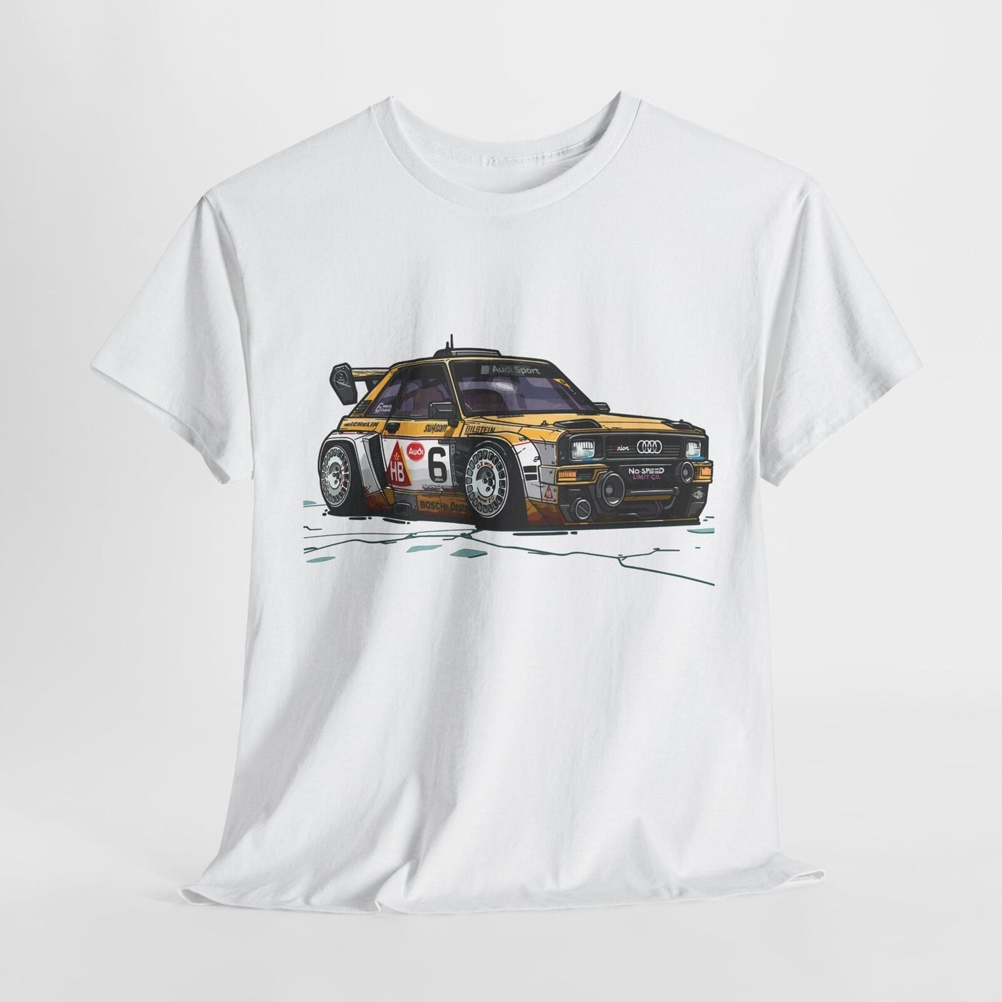 Rev Up Your Style with This Bold Audi Race Car Cartoon T-Shirt Design!