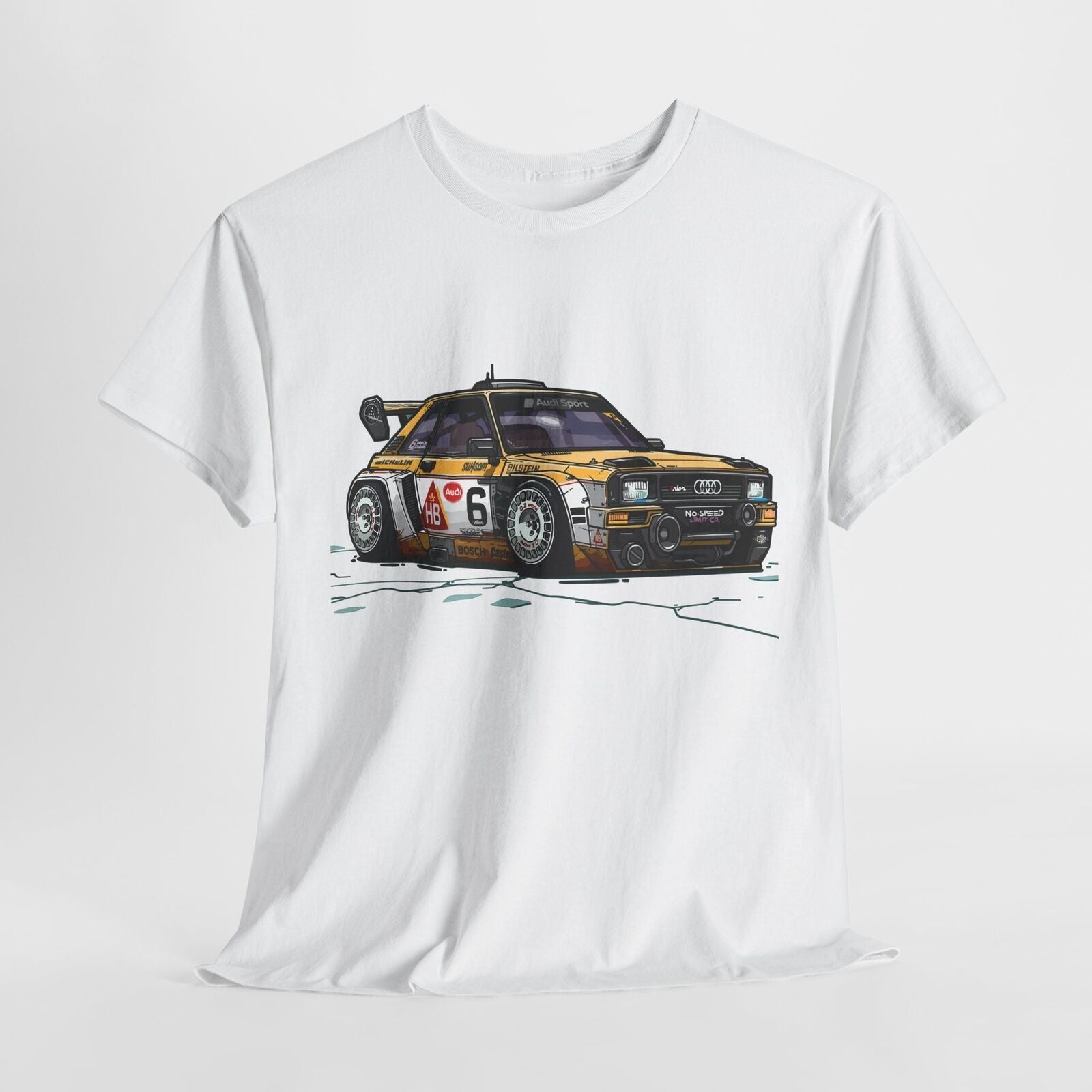 Rev Up Your Style with This Bold Audi Race Car Cartoon T-Shirt Design!