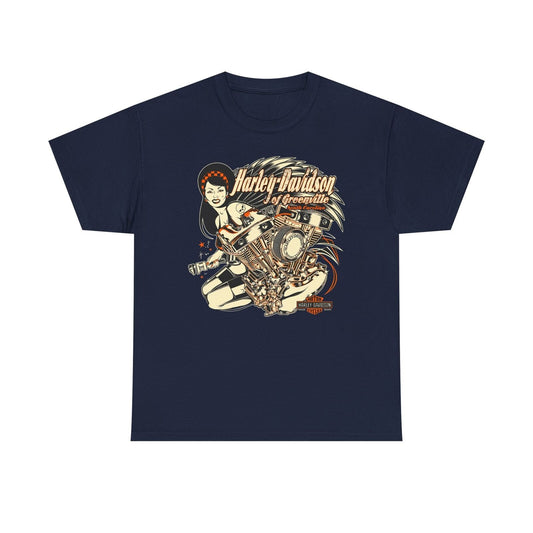 Vintage Harley-Davidson T-Shirt: Bold Pin-Up Design with Engine & Wings Flair!