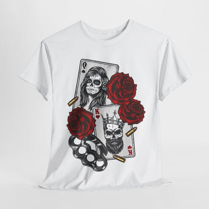 Men's T-Shirt with Bold Skull Playing Cards, Roses & Street Art Inspired Design
