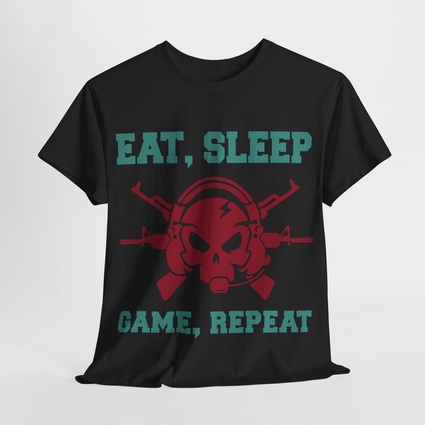 Funny Men's T-Shirt: EAT, SLEEP, GAME, REPEAT Graphic Tee with Bold Skull Design