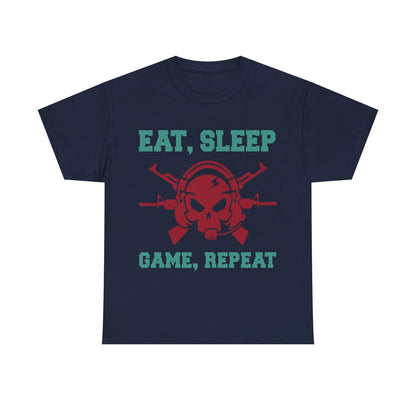 Funny Men's T-Shirt: EAT, SLEEP, GAME, REPEAT Graphic Tee with Bold Skull Design
