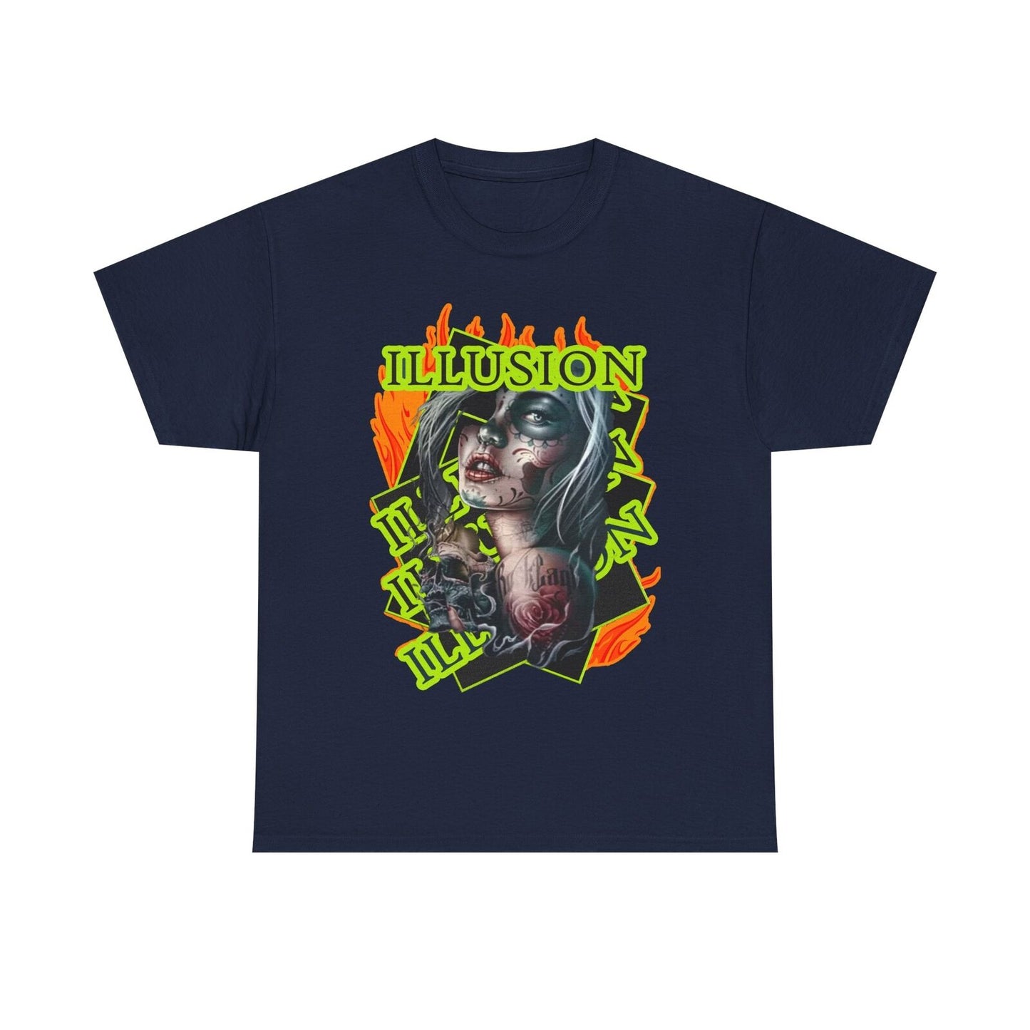 Dazzling Men's T-Shirt: Bold ILLUSION Graphic with Flames & Sugar Skull Design