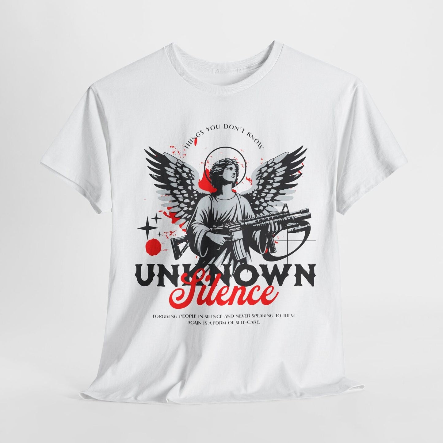 Stylized Angel Men's T-Shirt: Graphic Art with "UNKNOWN SILENCE" Self-Care Quote