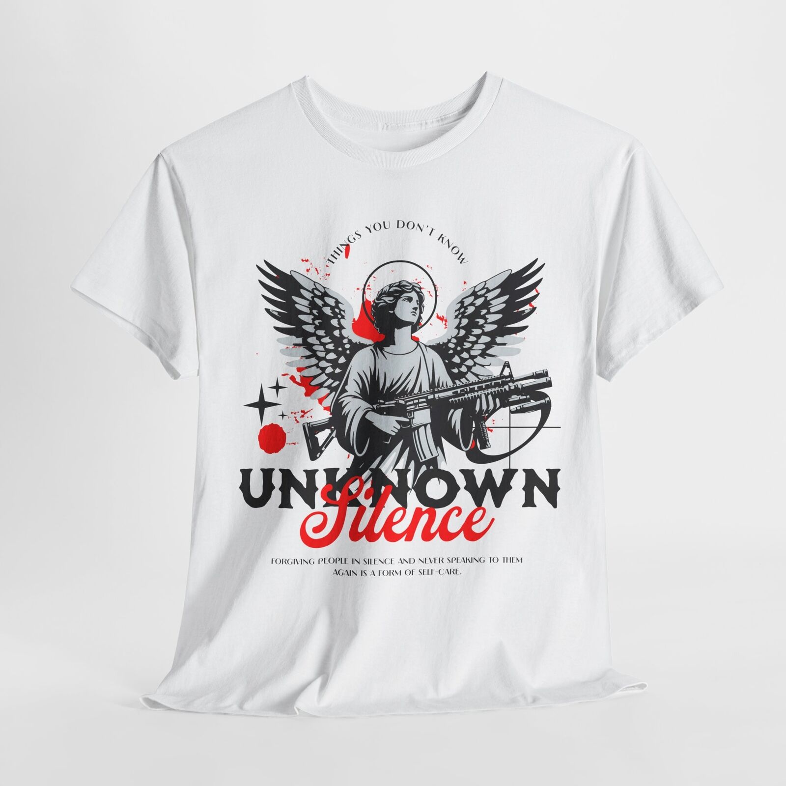 Stylized Angel Men's T-Shirt: Graphic Art with "UNKNOWN SILENCE" Self-Care Quote