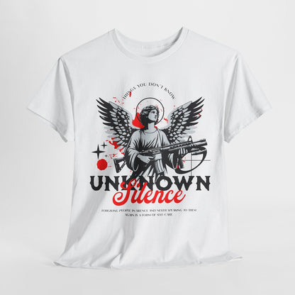 Stylized Angel Men's T-Shirt: Graphic Art with "UNKNOWN SILENCE" Self-Care Quote