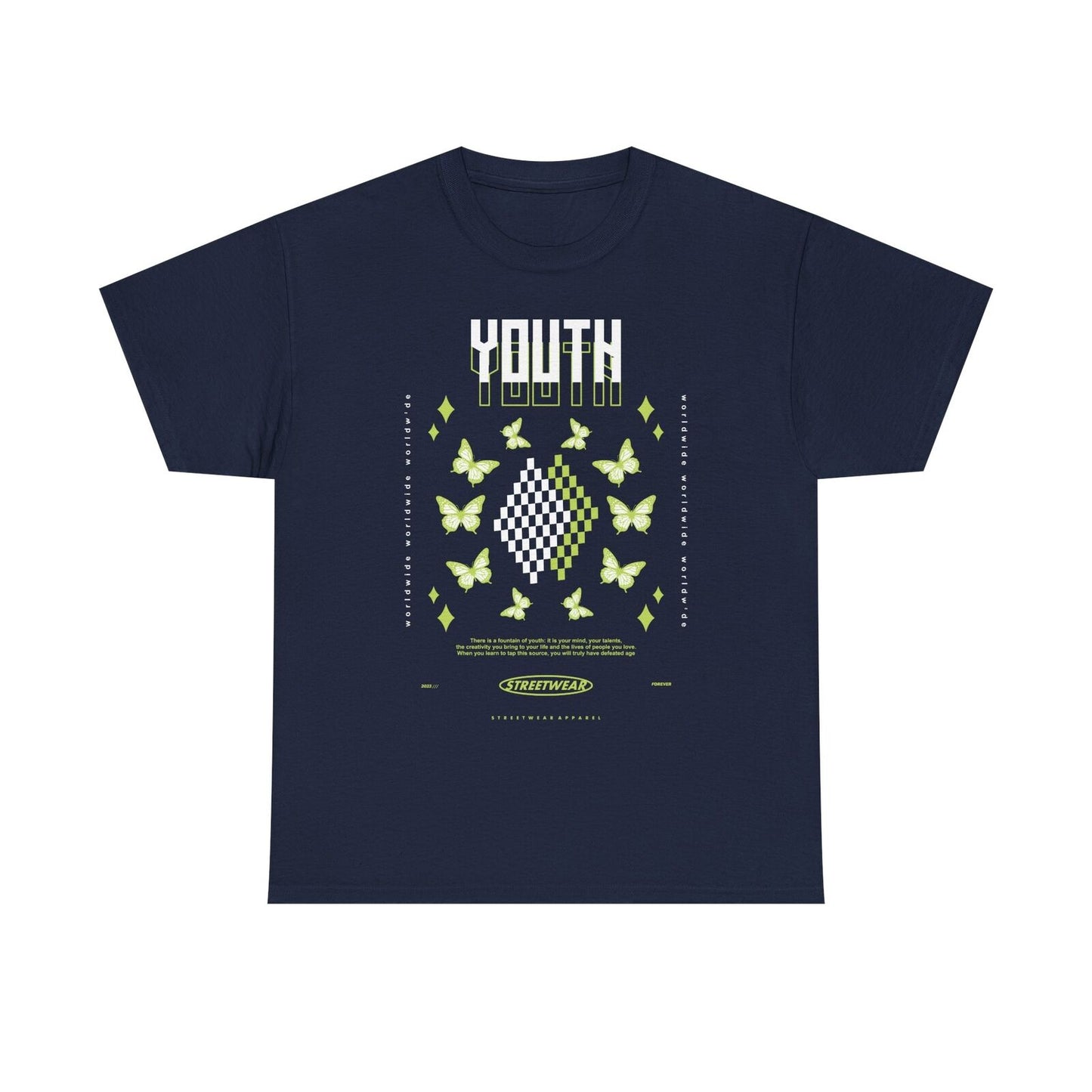Youth Inspired Graphic T-Shirt Design with Red Butterflies, Checkerboard Quotes