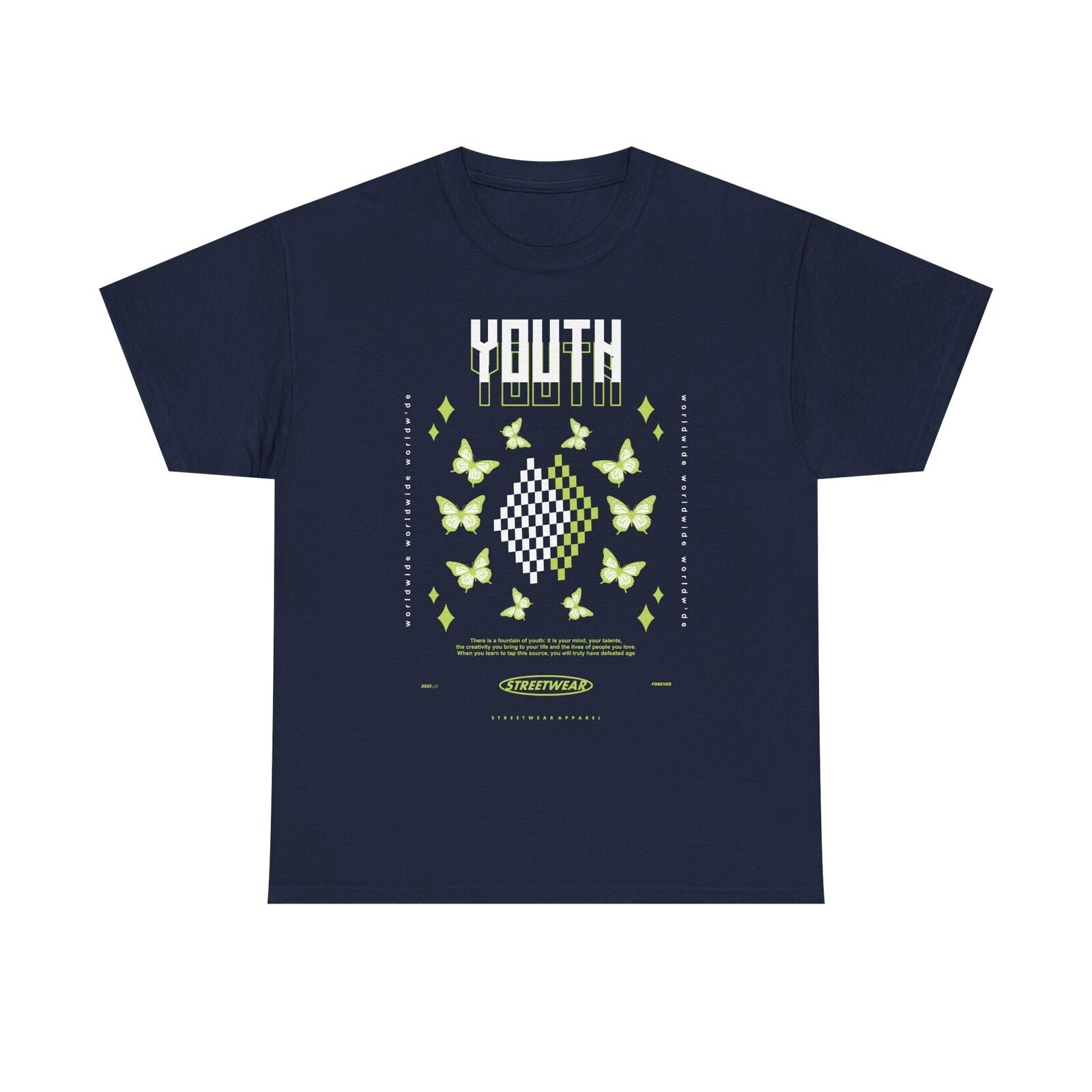 Youth Inspired Graphic T-Shirt Design with Red Butterflies, Checkerboard Quotes