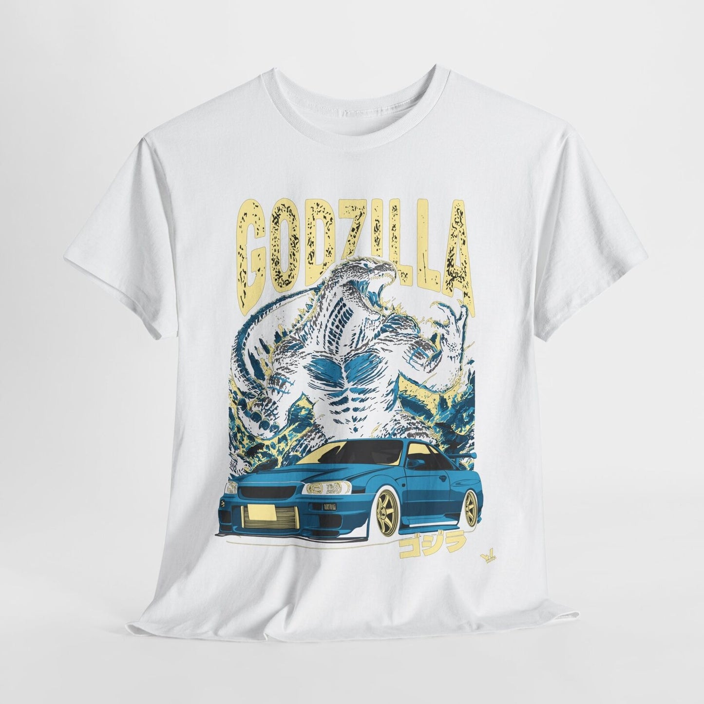 Epic Godzilla & Nissan Skyline R34 T-Shirt: Bold Graphic Japanese Culture Design