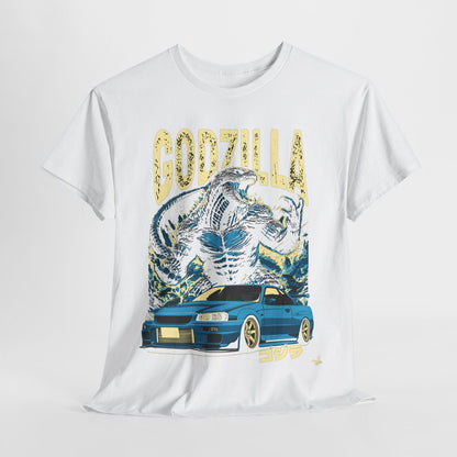Epic Godzilla & Nissan Skyline R34 T-Shirt: Bold Graphic Japanese Culture Design