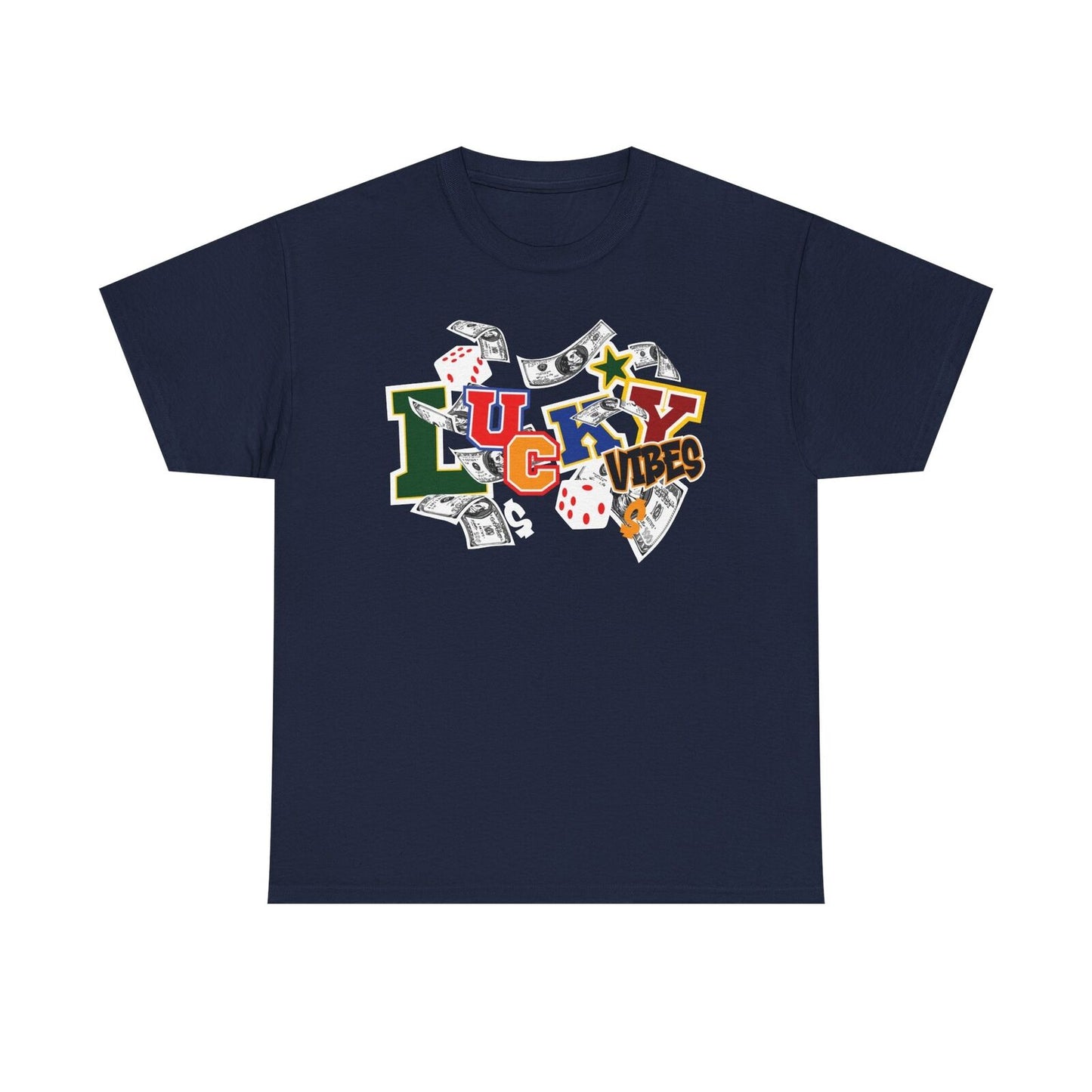 LUCKY VIBES T-Shirt - Bold Graphic with Colorful College Style and Wealth Themes