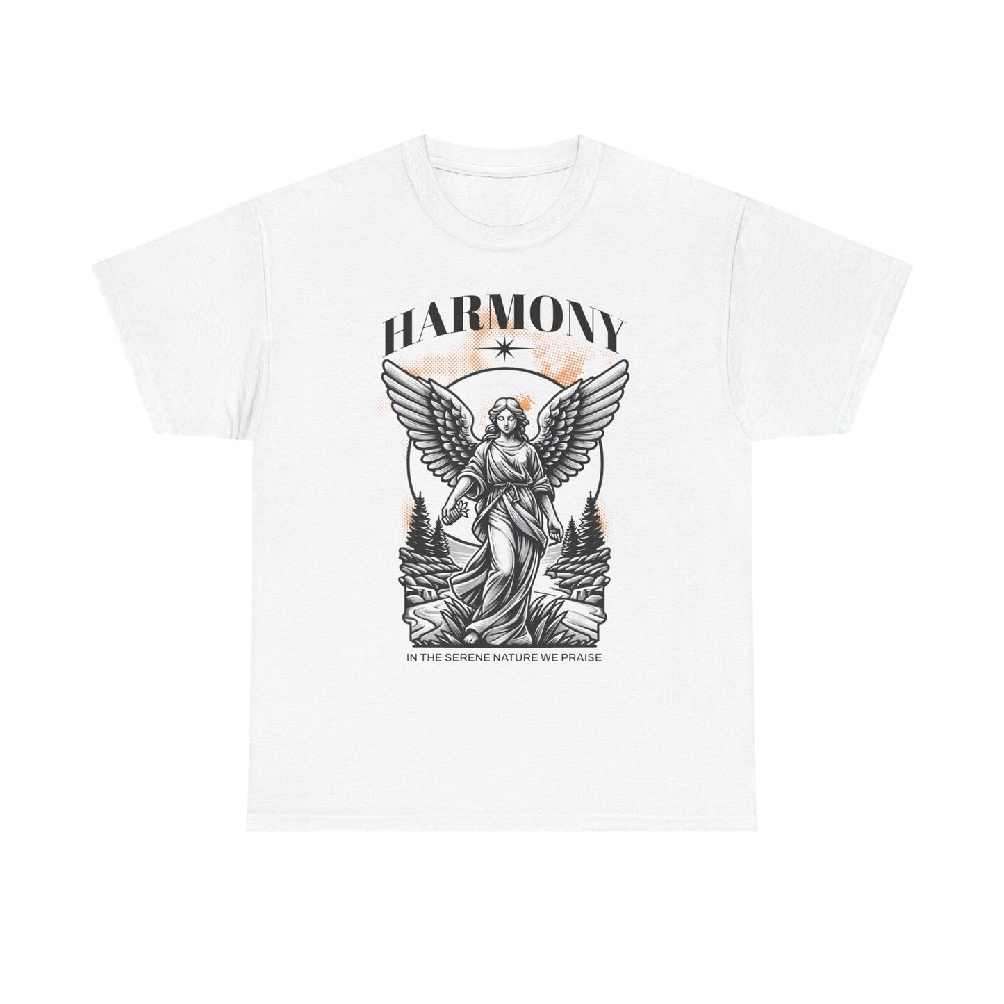 Mens T-Shirt with Monochromatic Winged Angel Design Serene Nature Landscape Art