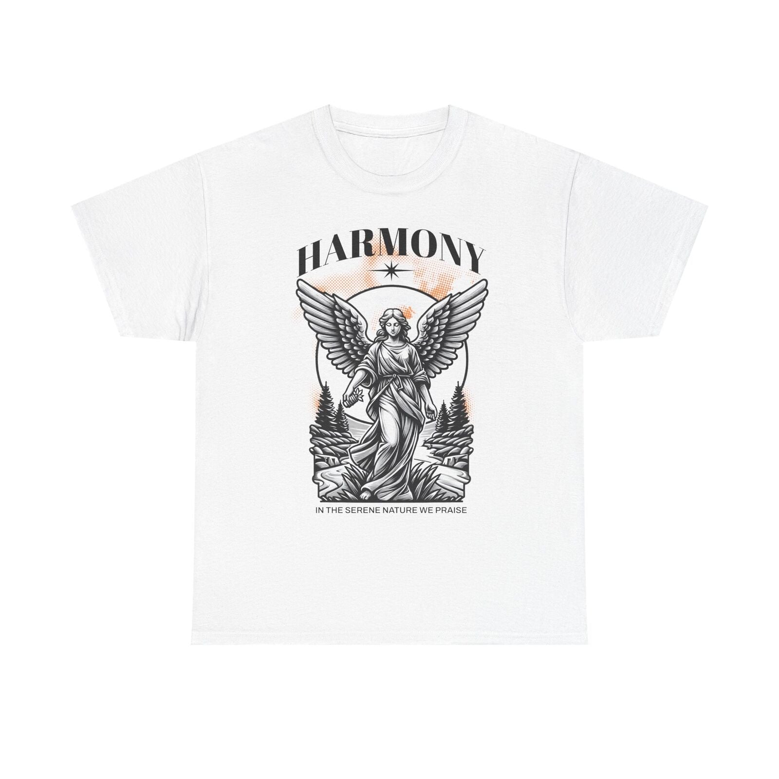 Mens T-Shirt with Monochromatic Winged Angel Design Serene Nature Landscape Art